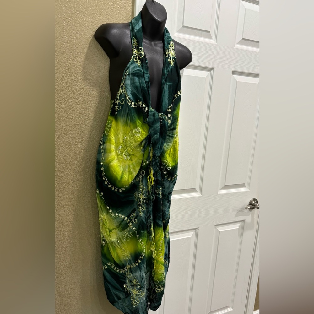 Green and Yellow Tie-Dye Halter swim cover one size - Picture 8 of 8